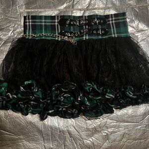 Gothic Black Ruffle Sheer Skirt with chain, size Large, stretch waist